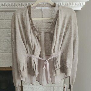 La Fee Maraboutee Women's Chic Beige Linen Blend Lace Detail Cardigan Size S